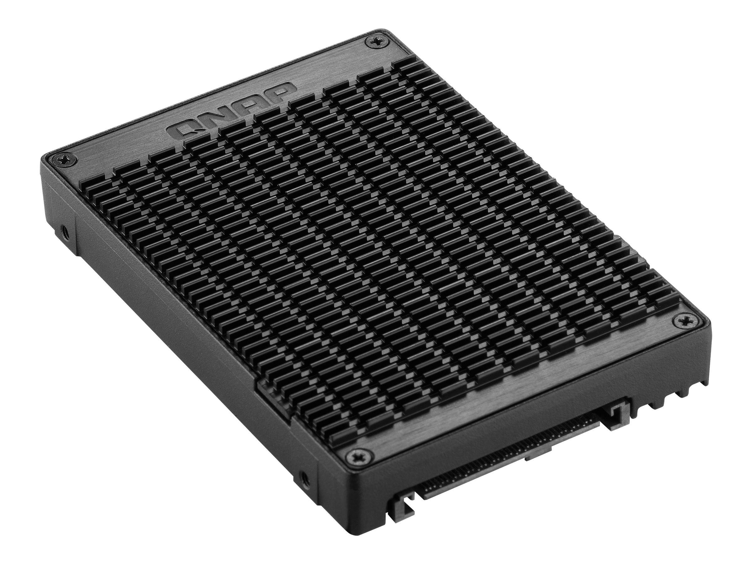 Schwarzes rechteckiges Computer-Hardware-Modul mit belüftetem Oberteil und Steckerleiste, gezeigt vor weißem Hintergrund.