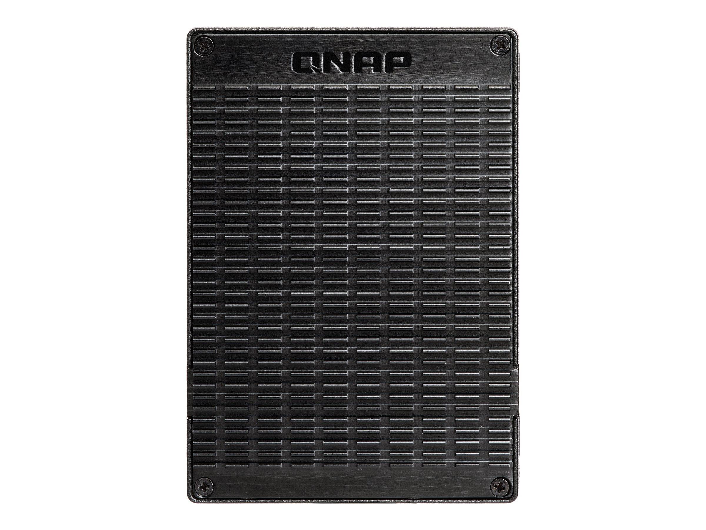 Schwarzes QNAP-Netzwerkspeichergerät mit Frontplatte, Belüftungsgitter und Logo.