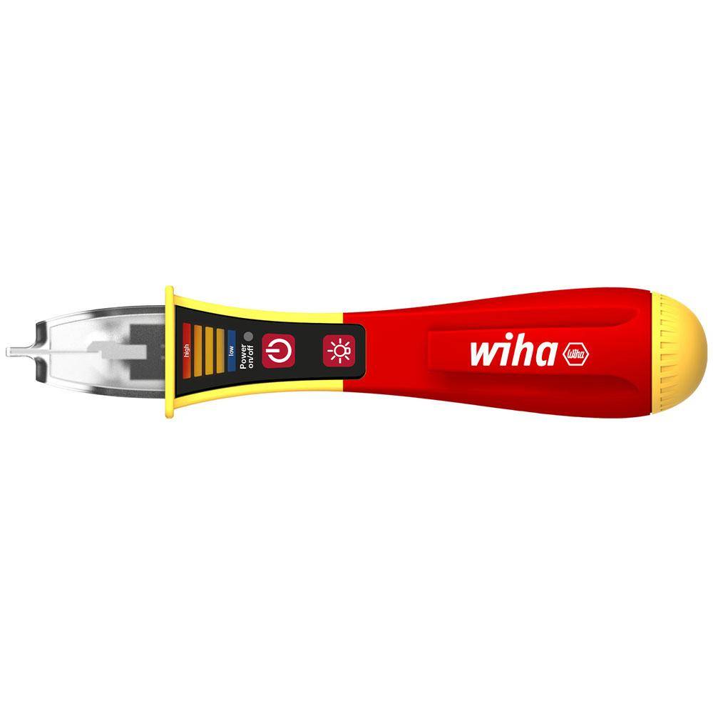 Roter Wiha isolierter Schraubendrehergriff mit gelbem Deckel und Metallspitze, Seitenansicht auf weißem Hintergrund.