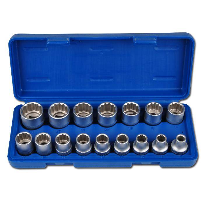 Steckschlüssel-Einsätze 1/2" - 15-teilig - 10 bis 24 mm - 12-kant