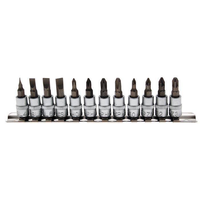 Bit-Einsatz-Set - Schlitz - Kreuzschlitz - 12-tlg. - Antrieb- 1/4" - CV-Stahl