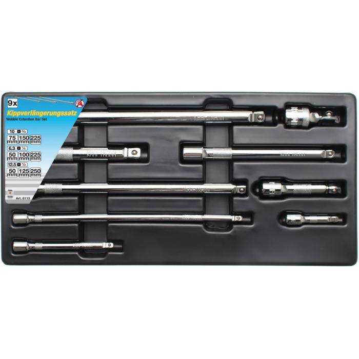 Kippverlängerungs-Satz - Antrieb 1/4", 3/8", 1/2" - 50 bis 250 mm - 9-tlg.