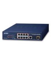 Blauer Ethernet-Netzwerk-Switch mit acht vorderen Anschlüssen, Statusleuchten und zwei zusätzlichen Anschlüssen auf weißem Hintergrund.