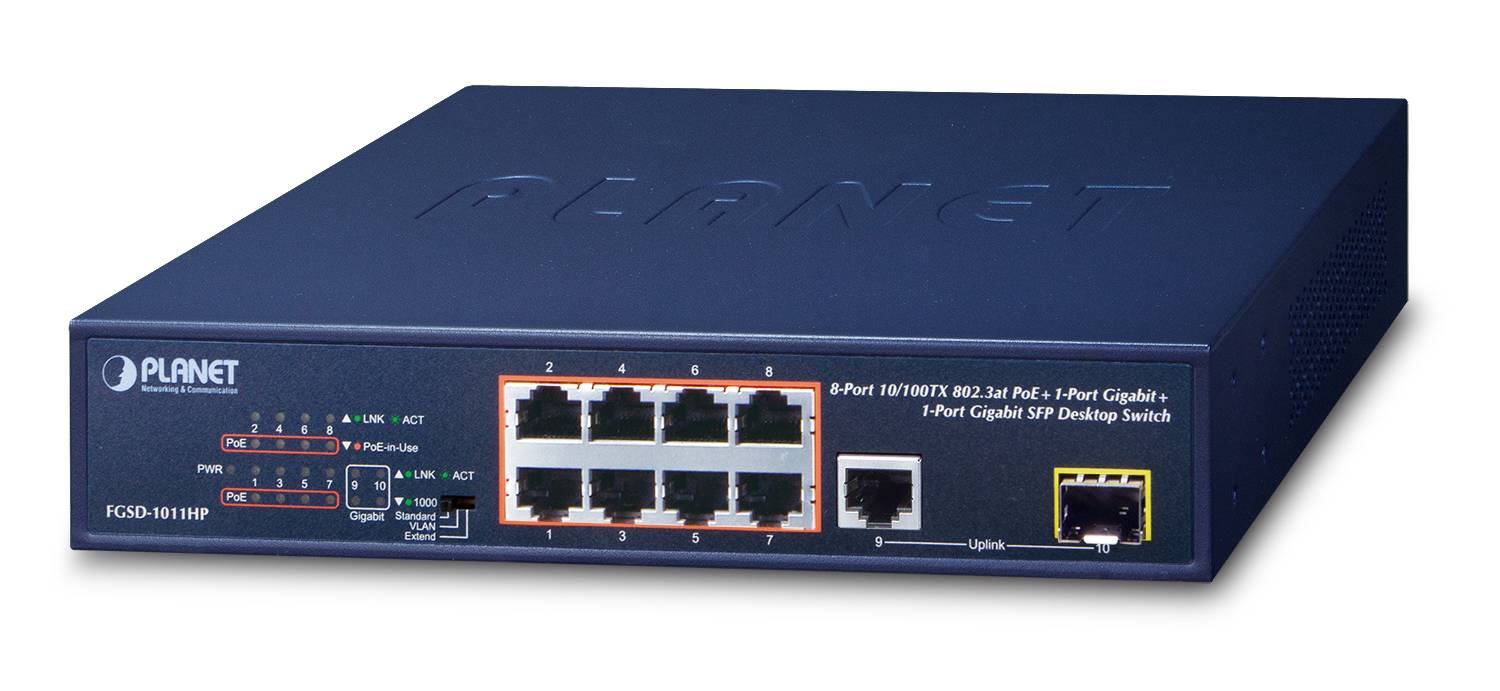 Planet FGSD-1011HP - Unmanaged - Gigabit Ethernet (10/100/1000) - Vollduplex - Power over Ethernet (PoE) - Rack-Einbau - 1U