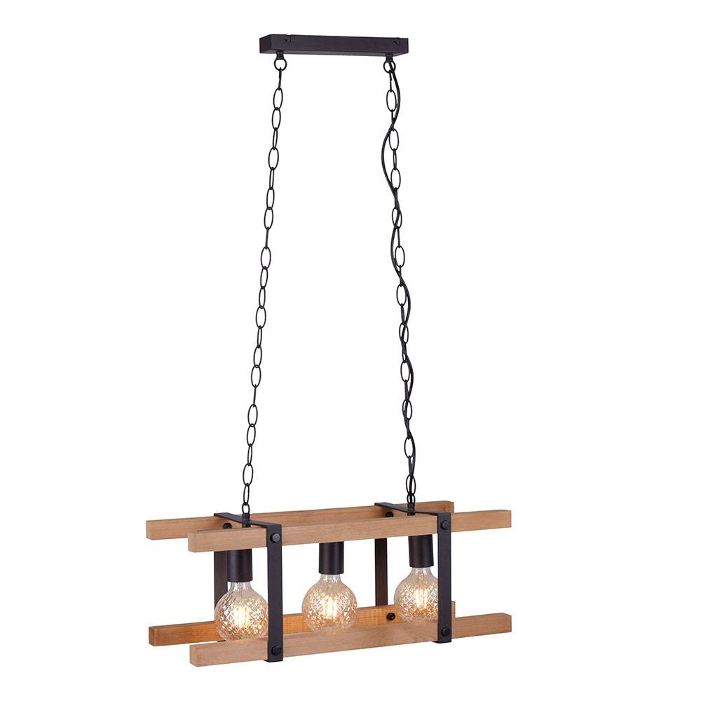 Hängeleuchte Pendellampe Holzleuchte Esstischlampe, 3-flammig, Holz Metall Kette schwarz, 3x E27 Fassung, LxBxH 58x23,5x120 cm