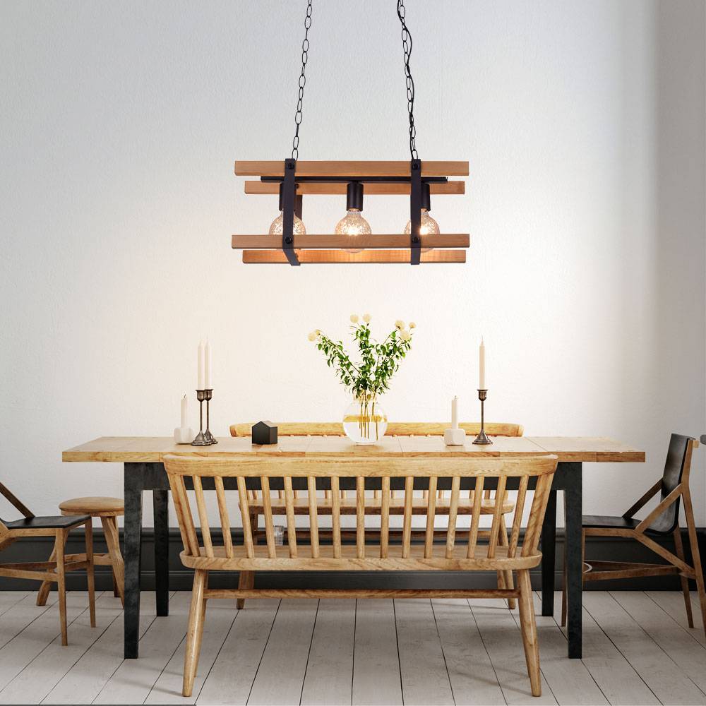Hängeleuchte Pendellampe Holzleuchte Esstischlampe, 3-flammig, Holz Metall Kette schwarz, 3x E27 Fassung, LxBxH 58x23,5x120 cm