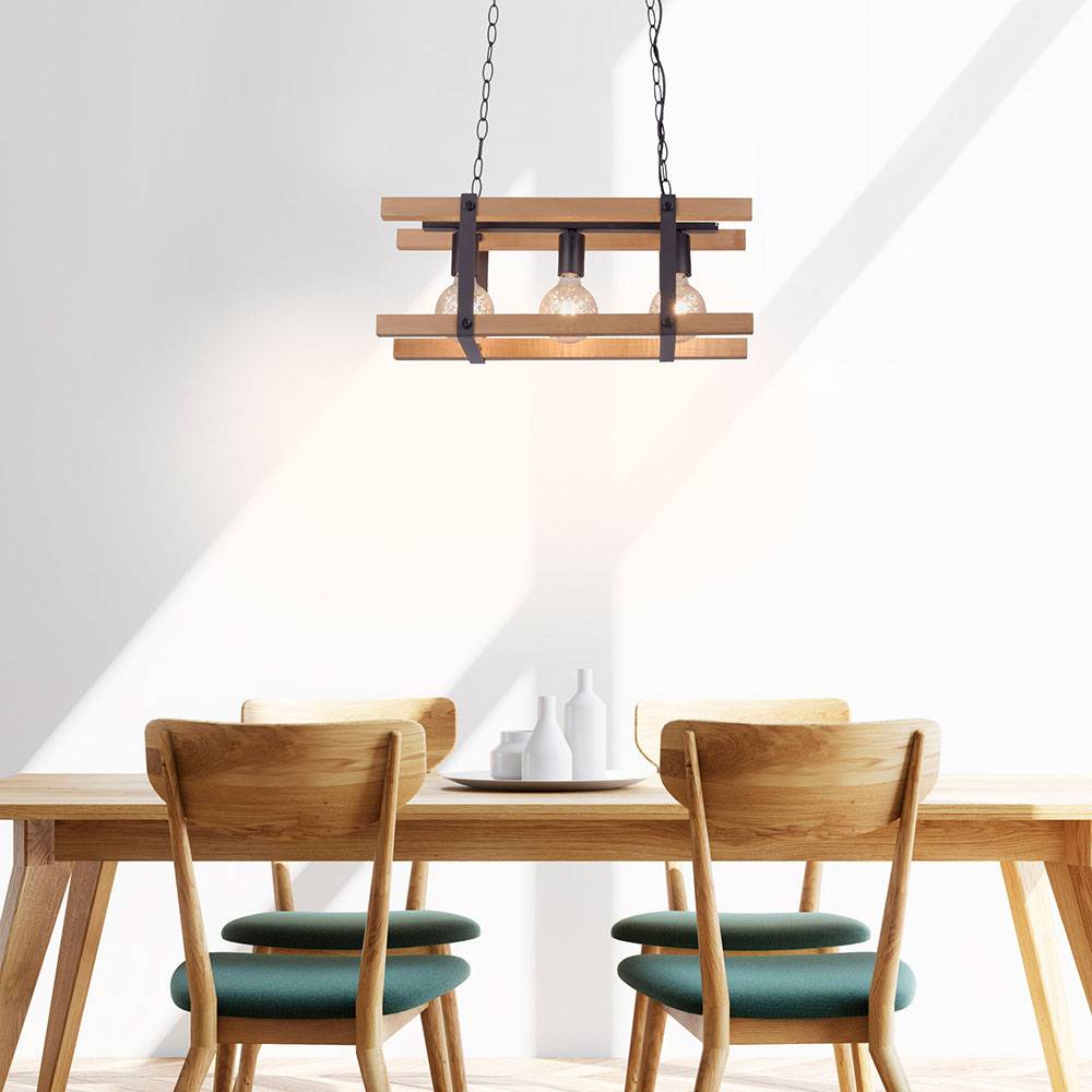 Hängeleuchte Pendellampe Holzleuchte Esstischlampe, 3-flammig, Holz Metall Kette schwarz, 3x E27 Fassung, LxBxH 58x23,5x120 cm