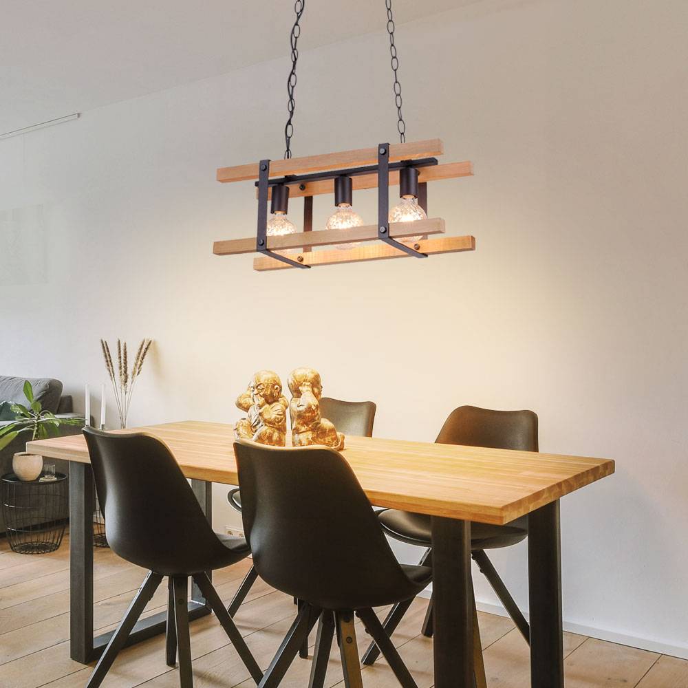 Hängeleuchte Pendellampe Holzleuchte Esstischlampe, 3-flammig, Holz Metall Kette schwarz, 3x E27 Fassung, LxBxH 58x23,5x120 cm