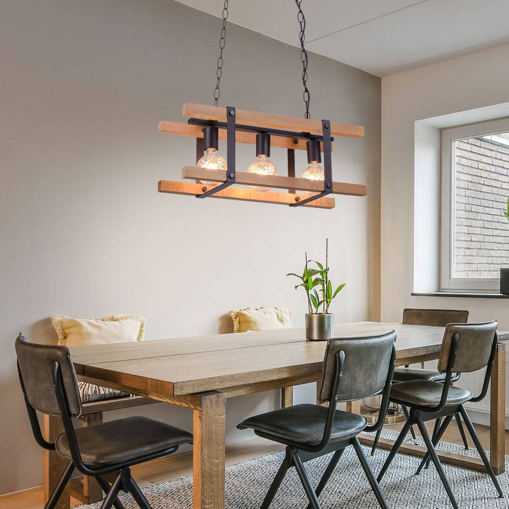 Hängeleuchte Pendellampe Holzleuchte Esstischlampe, 3-flammig, Holz Metall Kette schwarz, 3x E27 Fassung, LxBxH 58x23,5x120 cm