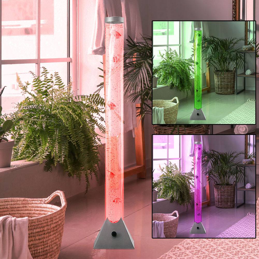 Sprudelsäule LED Wassersäule Schlafzimmer Stehlampe RGB-Farbwechsler Deko-Stehleuchte mit Fischen, Kunststoff, LED Farbwechsler, H 120 cm