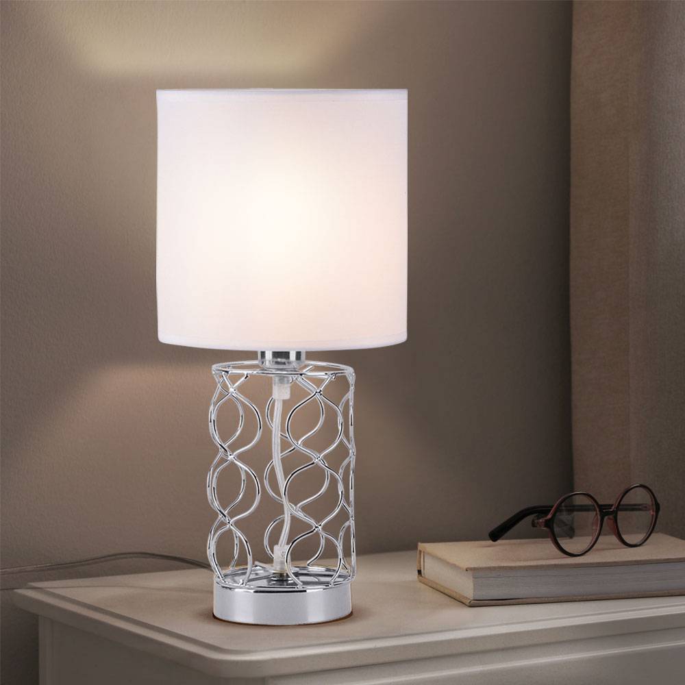LED Tischlampe Schlafzimmer weiß Nachttischlampe Modern Tischleuchte dimmbar mit Fernbedienung, Farbwechsel, silberner Fuß, Textilschirm Stahl, 3,5W