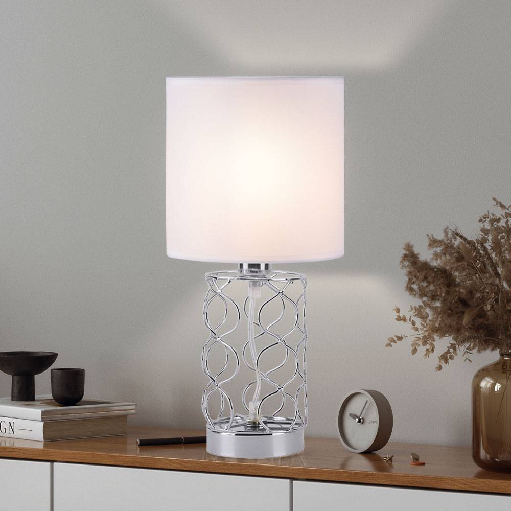 Tischlampe Schlafzimmer weiß Nachttischlampe Modern Tischleuchte silberner Fuß, Textilschirm Stahl, 1x E14 Fassung, DxH 18x35 cm