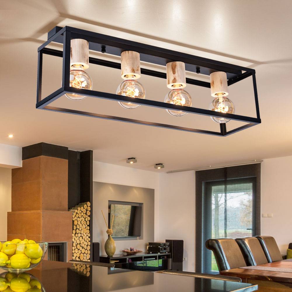Esszimmerleuchte Decke Deckenleuchte Holz 4 Flammig Deckenlampe schwarz, Metallrahmen, natur, 4x E27 Fassungen, LxBxH 75x20x22,5 cm