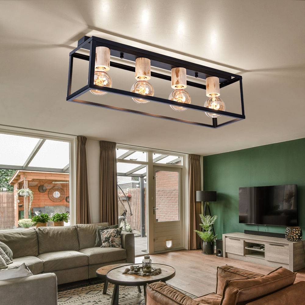 Esszimmerleuchte Decke Deckenleuchte Holz 4 Flammig Deckenlampe schwarz, Metallrahmen, natur, 4x E27 Fassungen, LxBxH 75x20x22,5 cm