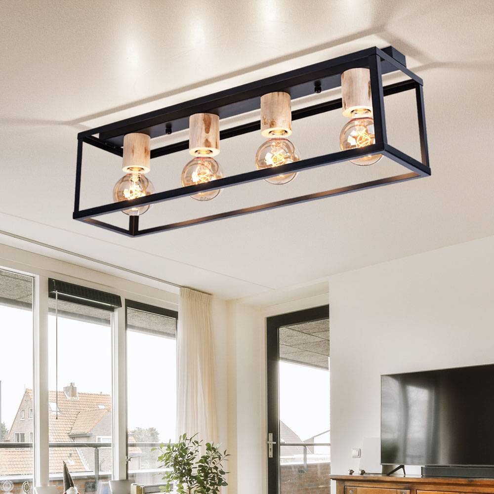 Esszimmerleuchte Decke Deckenleuchte Holz 4 Flammig Deckenlampe schwarz, Metallrahmen, natur, 4x E27 Fassungen, LxBxH 75x20x22,5 cm