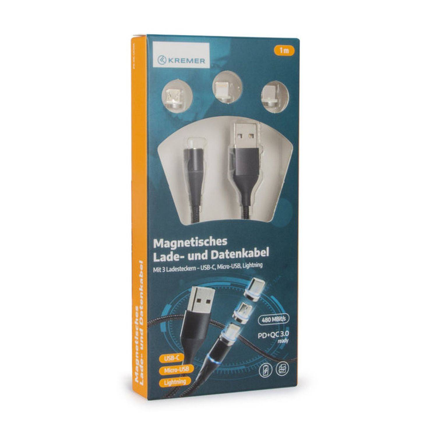 Kremer Magnet Kabel Quick Charge PD + QC 3.0. Micro-USB, USB-C, Lightning Schnell-Ladekabel Datenkabel SChwarz