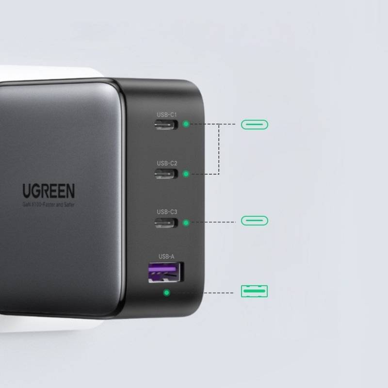 Ugreen GaN Schnellladegerät 3x USB Type C / USB Power Delivery 3.0 QuickCharge 4+ FCP SCP AFC 100W EU schwarz
