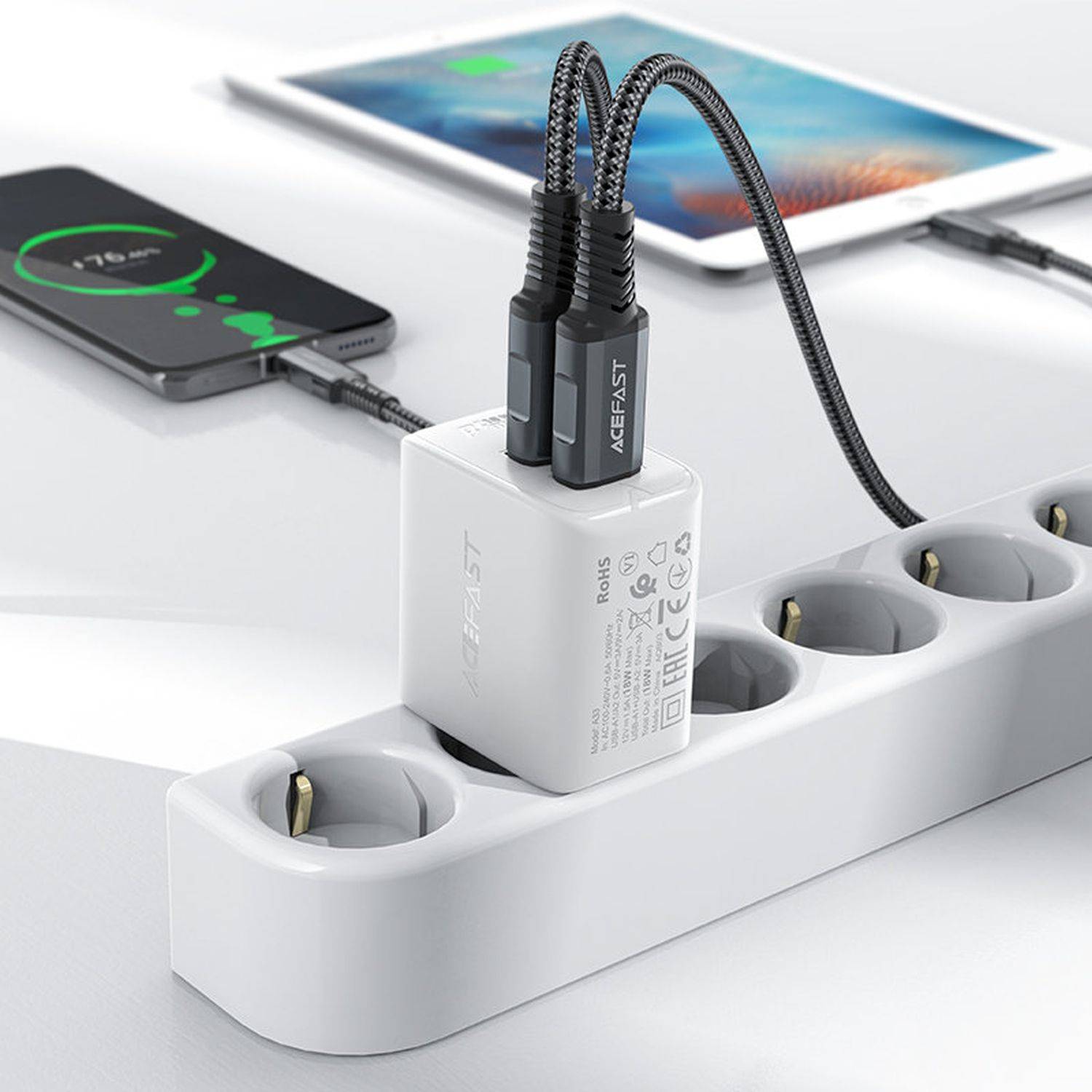 Acefast Ladegerät 2x USB 18W QC 3.0, AFC, FCP Schnell-Ladegerät Quick Charge 3.0 Adapter Weiß