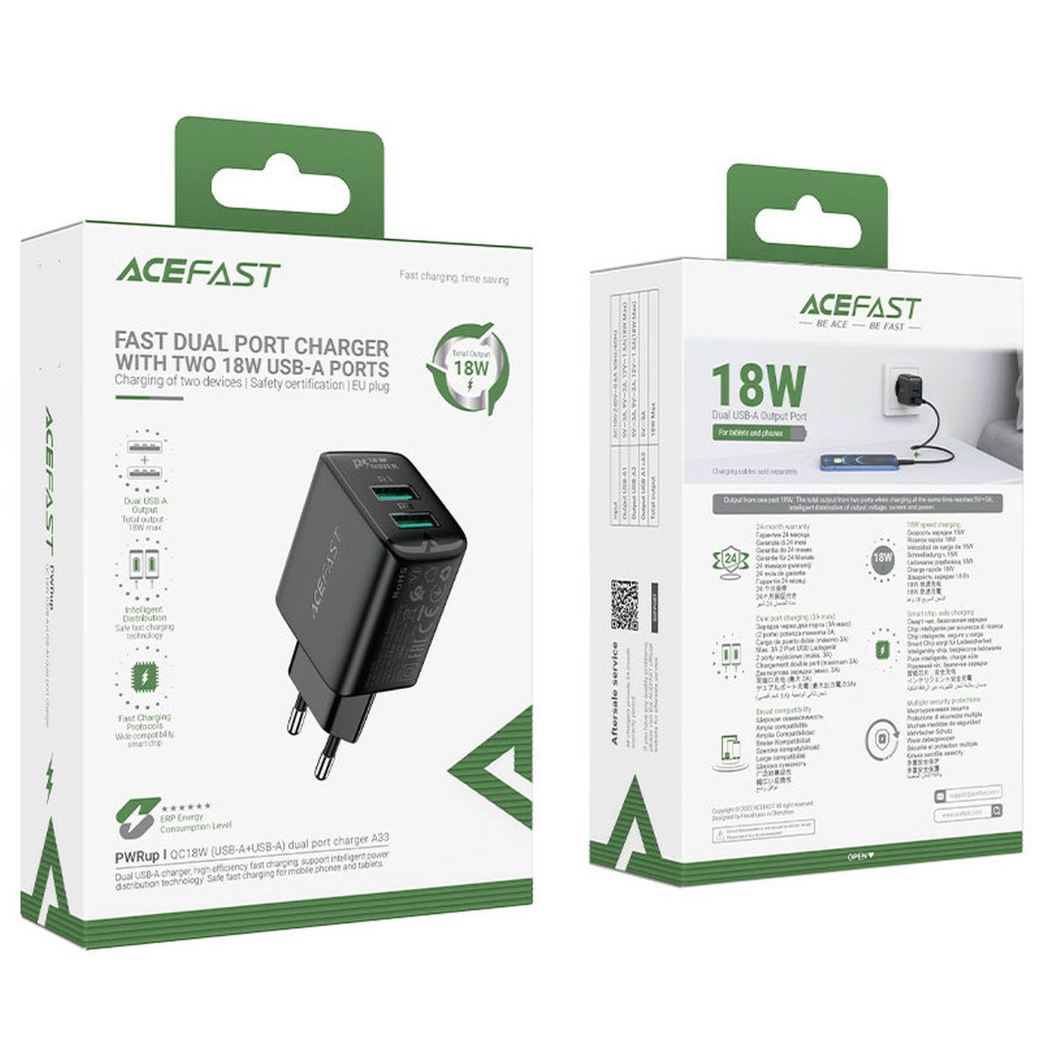 Acefast Ladegerät 2x USB 18W QC 3.0, AFC, FCP Schnell-Ladegerät Quick Charge 3.0 Adapter Weiß