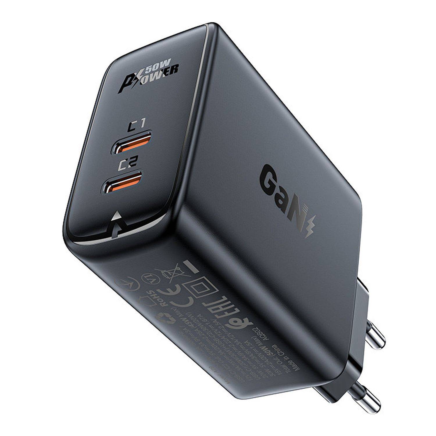Acefast 50W 2x USB-C Ladegerät Ladegerät GaN USB Typ C 50W, PD, QC 3.0, AFC, FCP Adapter Schwarz