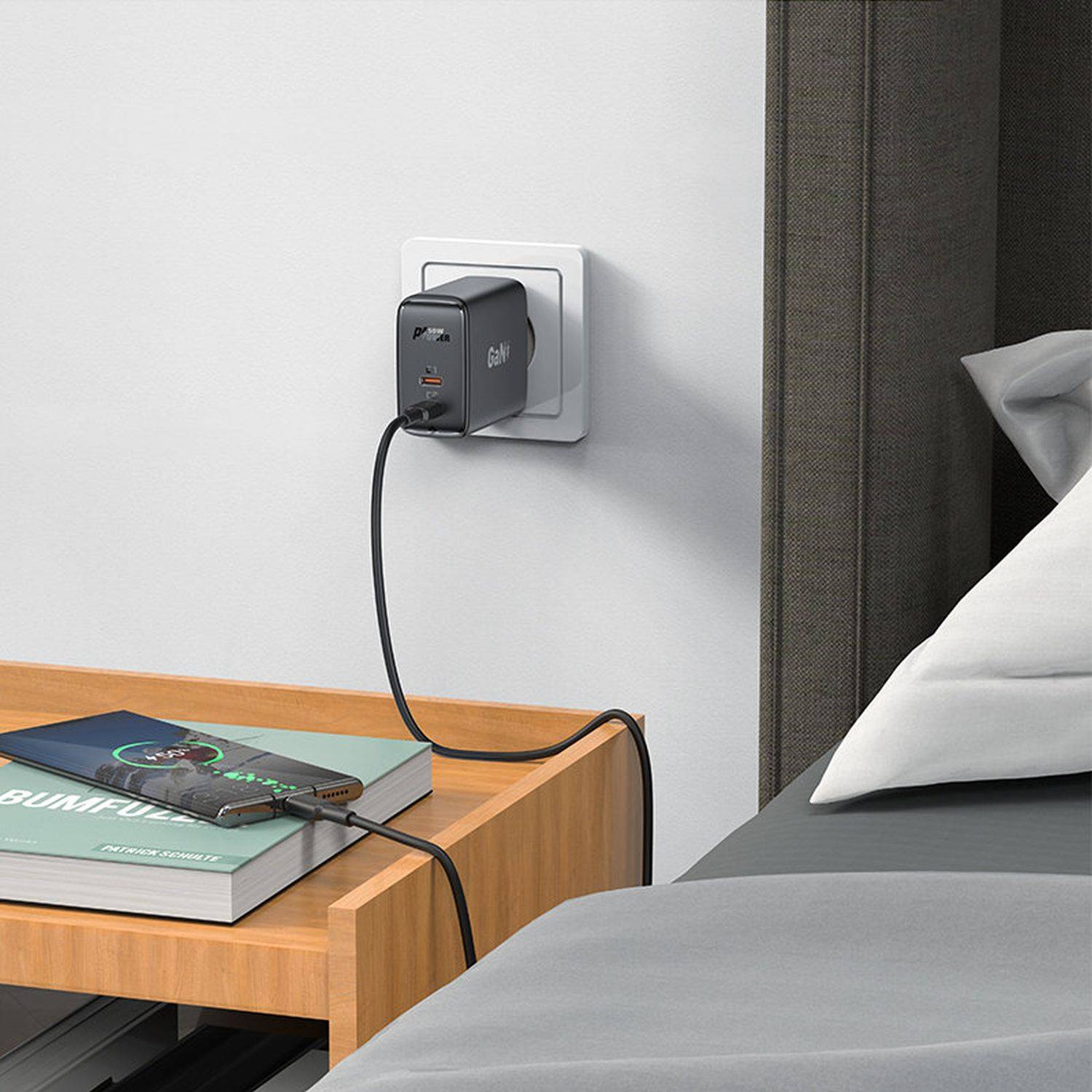 Acefast 50W 2x USB-C Ladegerät Ladegerät GaN USB Typ C 50W, PD, QC 3.0, AFC, FCP Adapter Schwarz