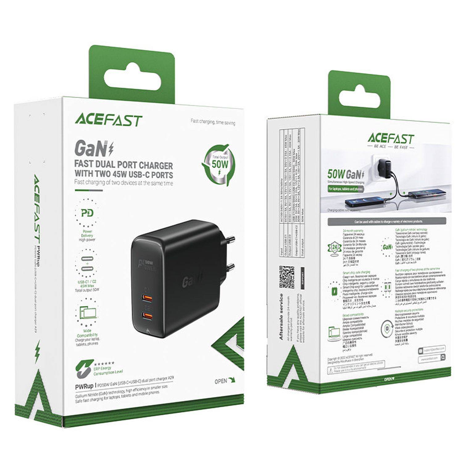 Acefast 50W 2x USB-C Ladegerät Ladegerät GaN USB Typ C 50W, PD, QC 3.0, AFC, FCP Adapter Schwarz