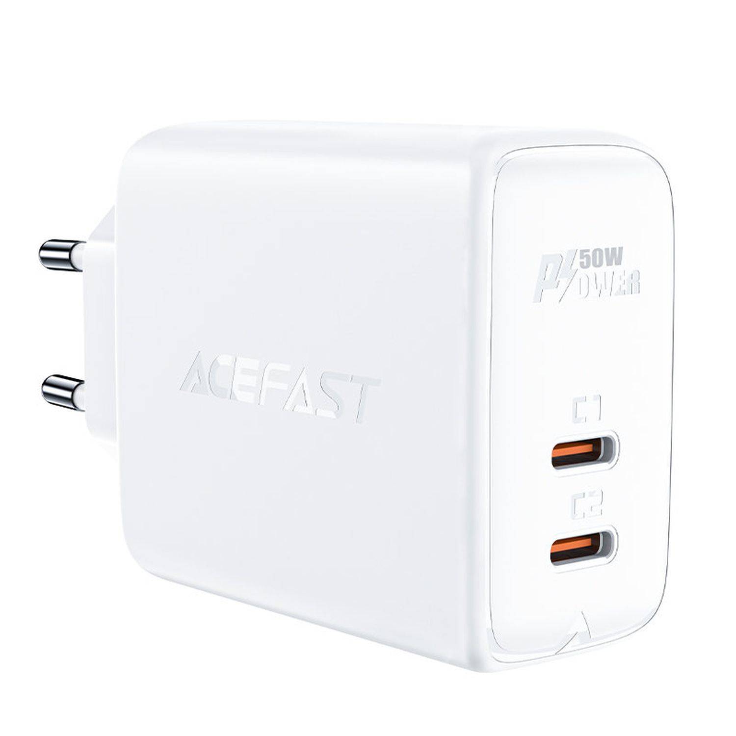 Acefast 50W 2x USB-C Ladegerät Ladegerät GaN USB Typ C 50W, PD, QC 3.0, AFC, FCP Adapter Weiß