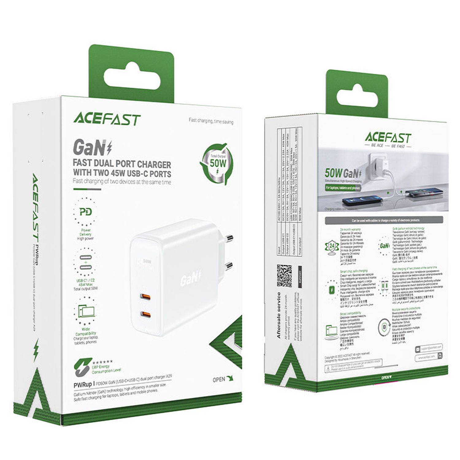 Acefast 50W 2x USB-C Ladegerät Ladegerät GaN USB Typ C 50W, PD, QC 3.0, AFC, FCP Adapter Weiß
