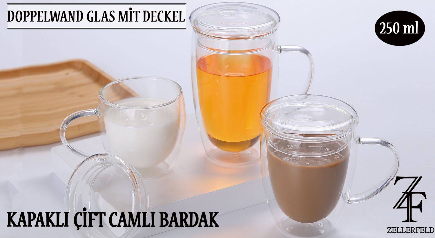 2er Set Doppelwandiges Thermoglas 250ml Teetassen Doppelwand Glas mit Deckel Henkel Kaffeetassen transparent