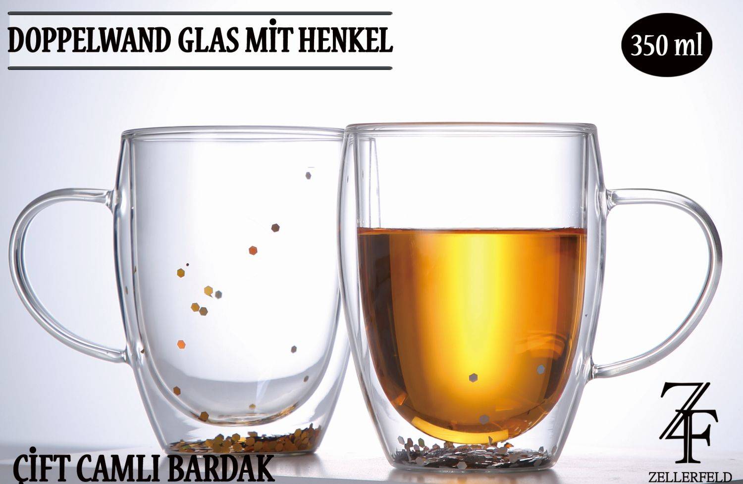 2er Set Doppelwand Glas mit Henkel 350 ml Tee / Kaffeegläser Camli Bardak Trinkgläser, Teegläser, Cappuccino transparent