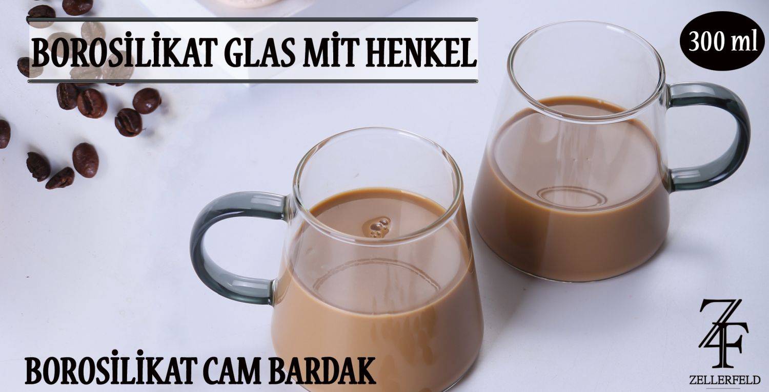 2er Set Borosilikat Glas mit Henkel 300 ml Cam Bardagi für Kaffee & Tee transparent