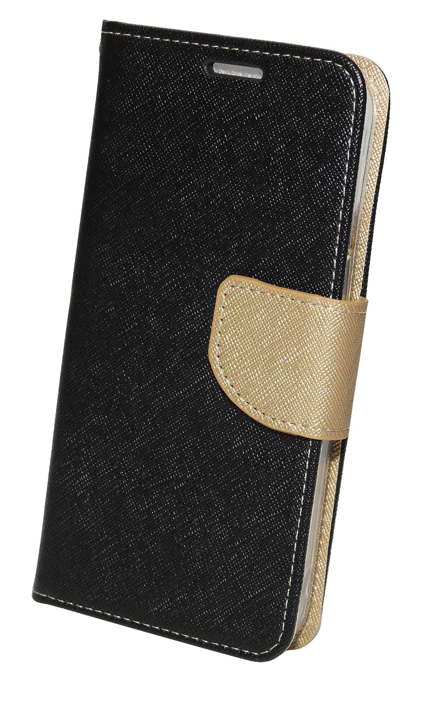 Buch Tasche "Fancy" für iPhone 14 Handy Hülle Etui Brieftasche Schutzhülle mit Standfunktion, Kartenfach Schwarz-Gold