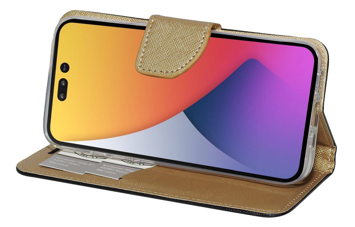 Buch Tasche "Fancy" für iPhone 14 Handy Hülle Etui Brieftasche Schutzhülle mit Standfunktion, Kartenfach Schwarz-Gold