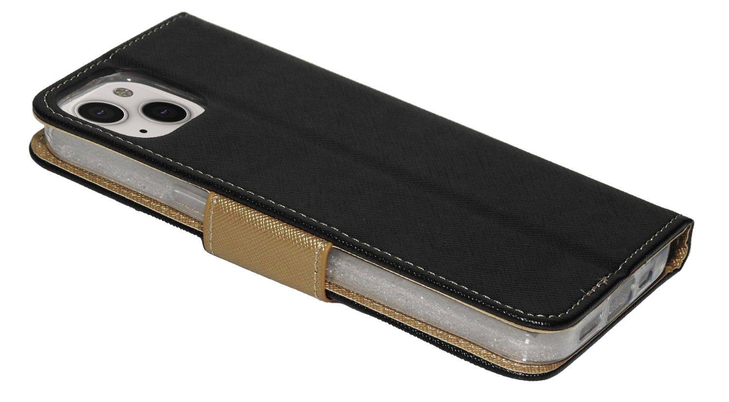 Buch Tasche "Fancy" für iPhone 14 Handy Hülle Etui Brieftasche Schutzhülle mit Standfunktion, Kartenfach Schwarz-Gold