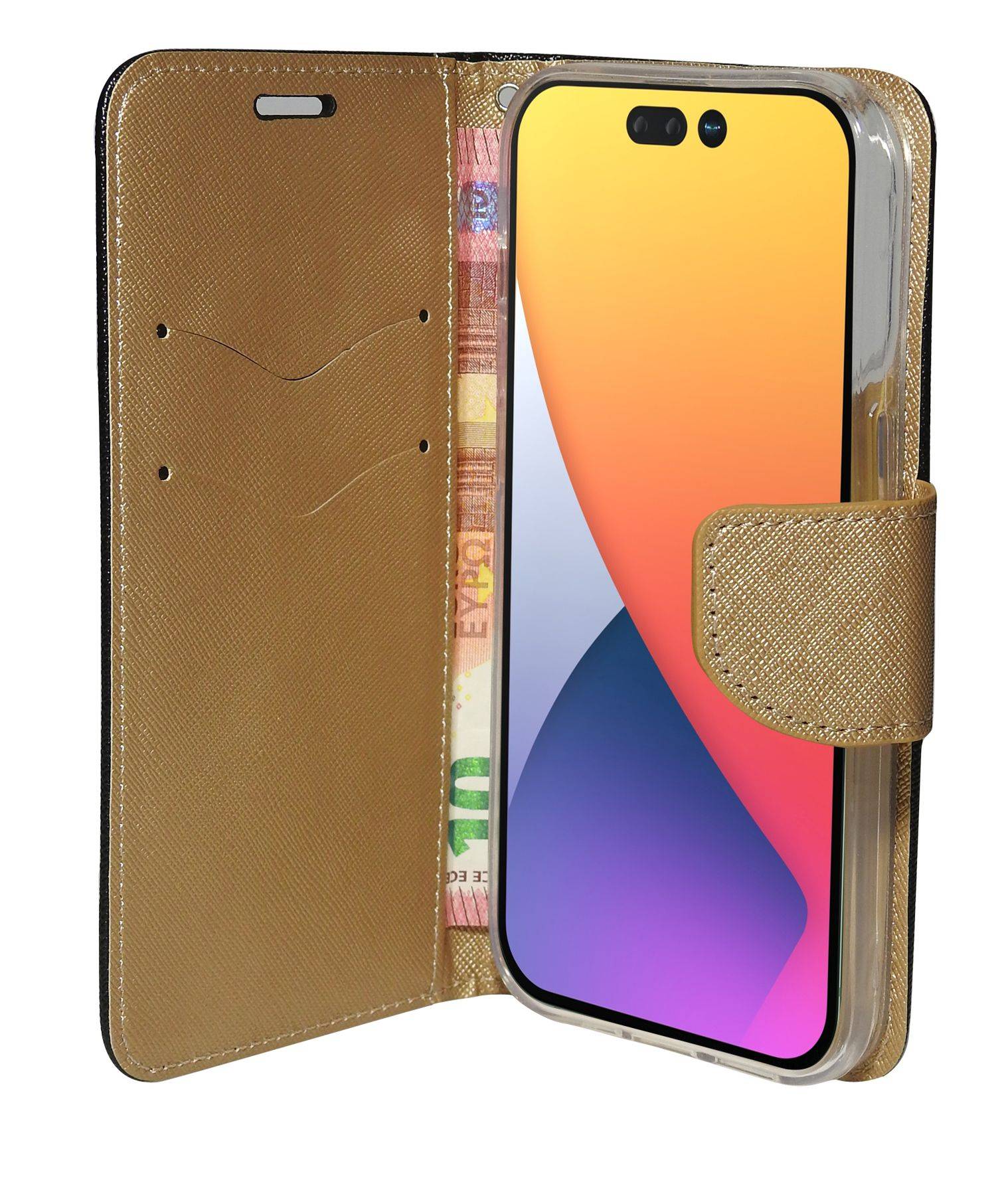 Buch Tasche "Fancy" für iPhone 14 Handy Hülle Etui Brieftasche Schutzhülle mit Standfunktion, Kartenfach Schwarz-Gold