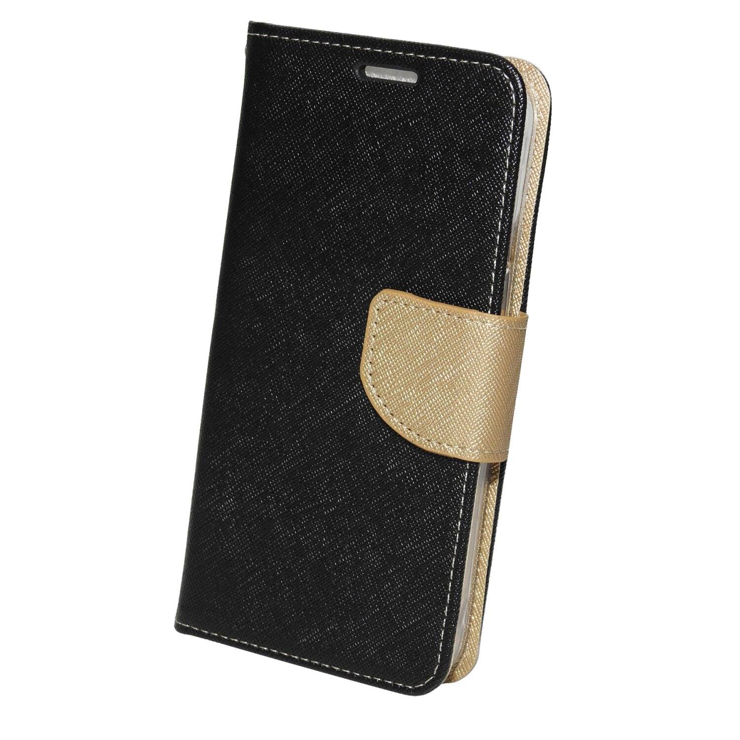 Buch Tasche "Fancy" kompatibel mit iPhone 14 Plus Handy Hülle Brieftasche mit Standfunktion, Kartenfach Schwarz-Gold