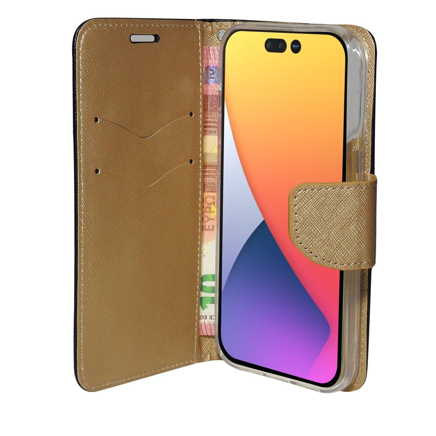 Buch Tasche "Fancy" kompatibel mit iPhone 14 Plus Handy Hülle Brieftasche mit Standfunktion, Kartenfach Schwarz-Gold