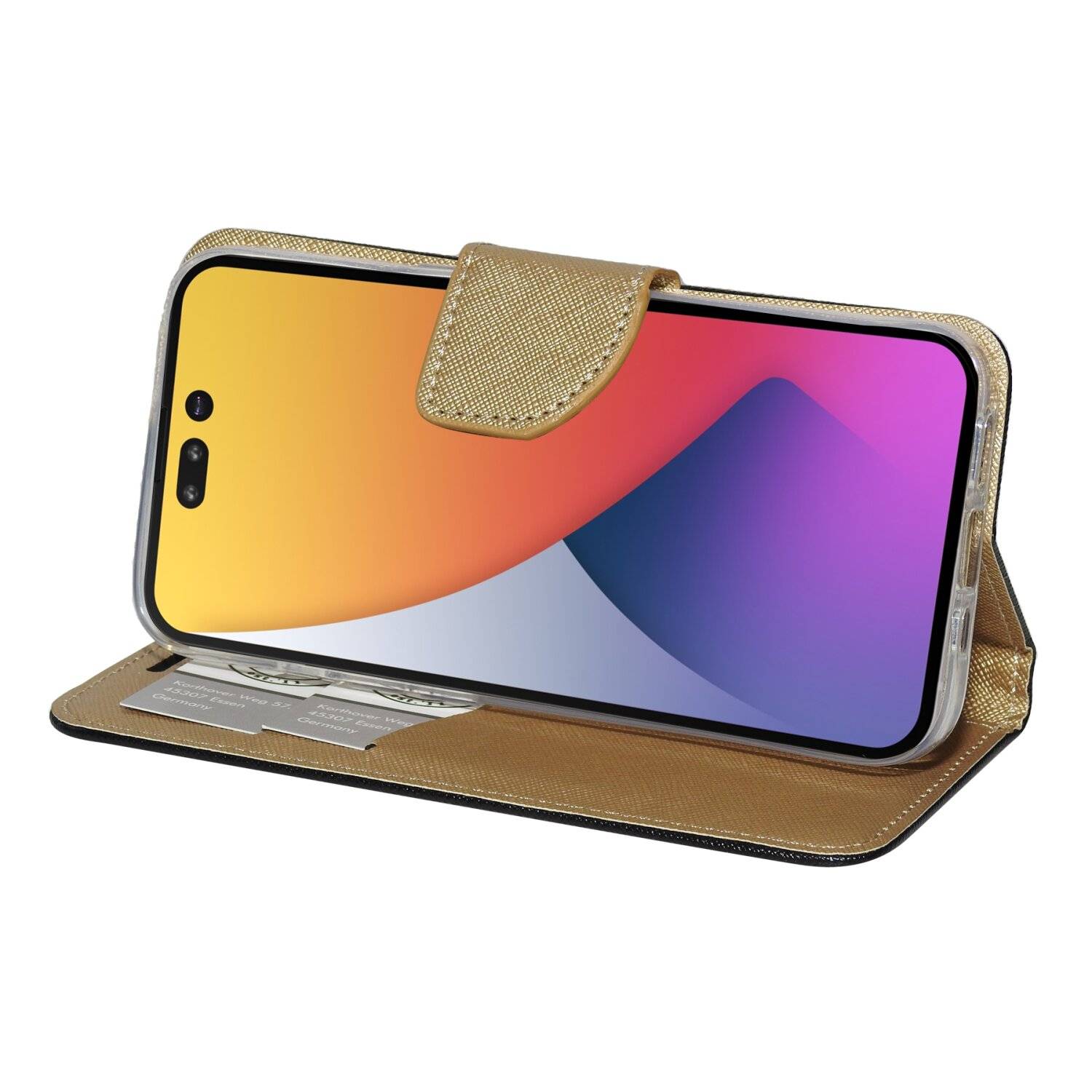 Buch Tasche "Fancy" kompatibel mit iPhone 14 Plus Handy Hülle Brieftasche mit Standfunktion, Kartenfach Schwarz-Gold
