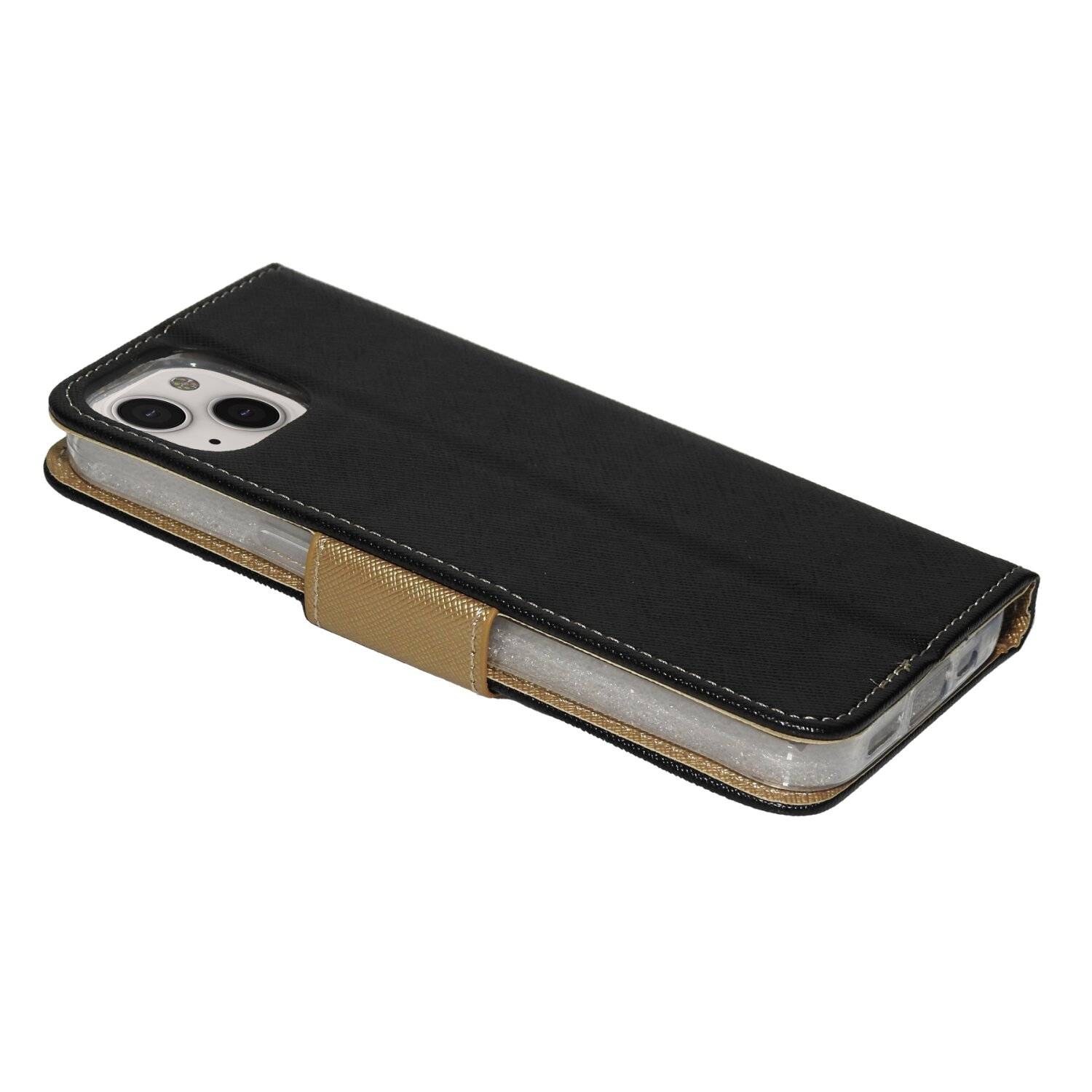 Buch Tasche "Fancy" kompatibel mit iPhone 14 Plus Handy Hülle Brieftasche mit Standfunktion, Kartenfach Schwarz-Gold