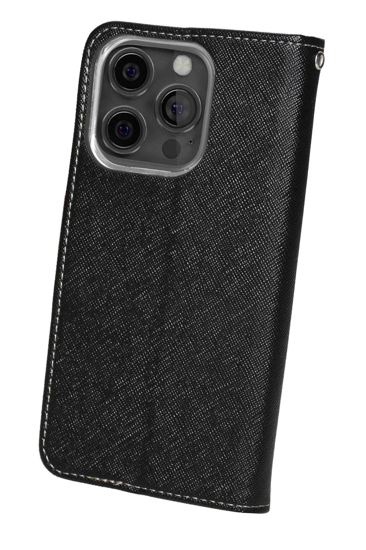 Buch Tasche "Fancy" für iPhone 14 Pro Max Handy Hülle Brieftasche Schutzhülle mit Standfunktion, Kartenfach Schwarz-Gold