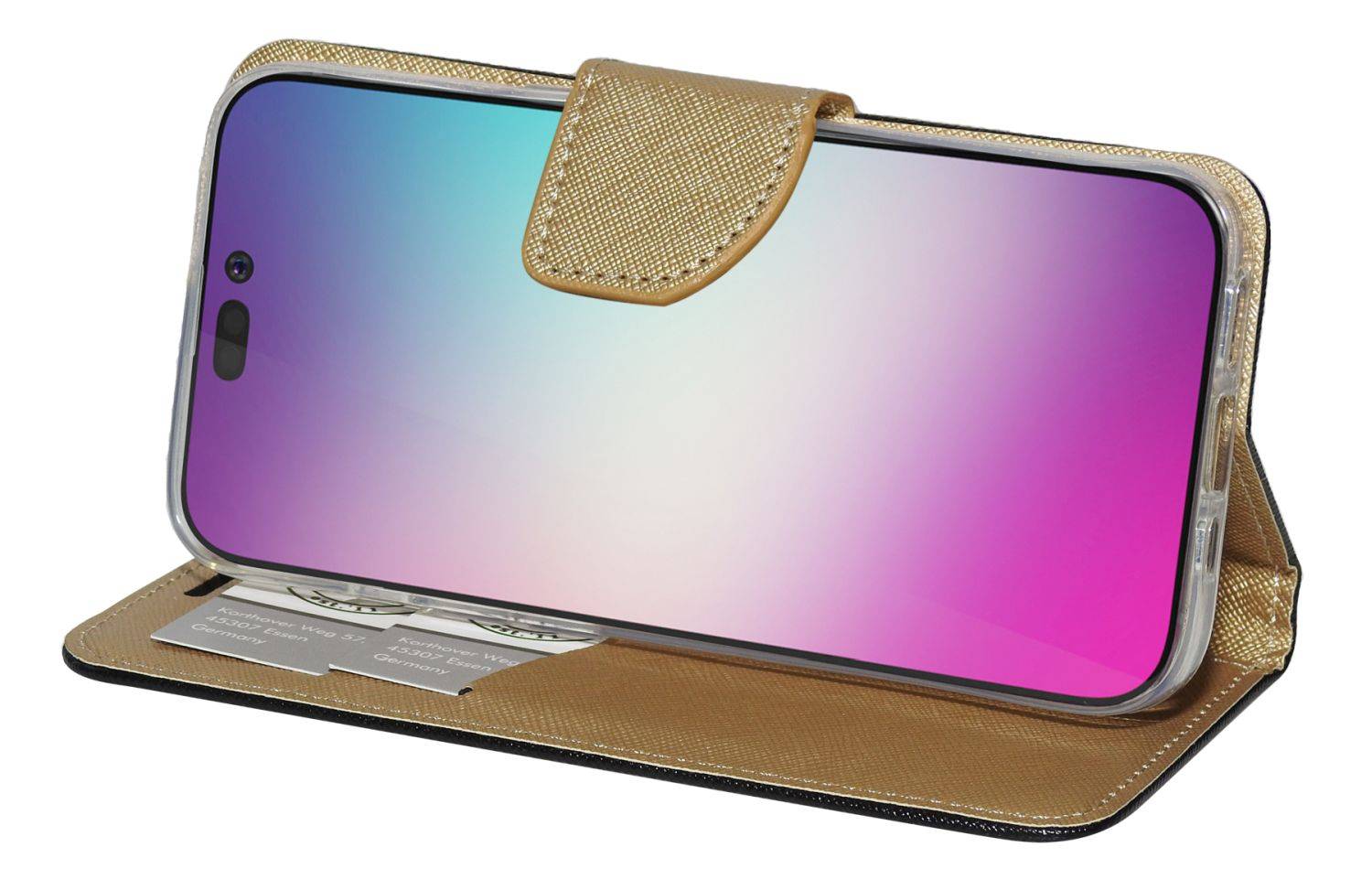 Buch Tasche "Fancy" für iPhone 14 Pro Max Handy Hülle Brieftasche Schutzhülle mit Standfunktion, Kartenfach Schwarz-Gold