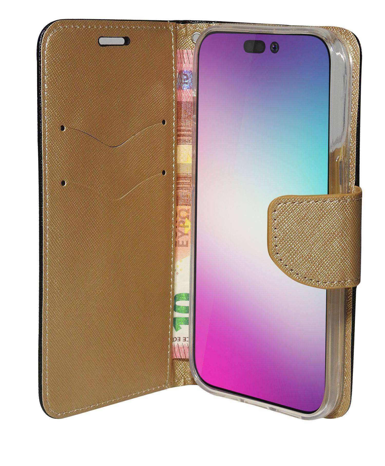 Buch Tasche "Fancy" für iPhone 14 Pro Max Handy Hülle Brieftasche Schutzhülle mit Standfunktion, Kartenfach Schwarz-Gold