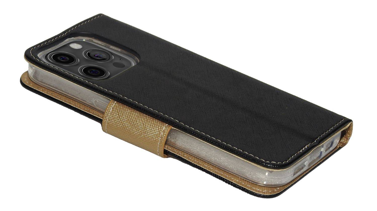 Buch Tasche "Fancy" für iPhone 14 Pro Max Handy Hülle Brieftasche Schutzhülle mit Standfunktion, Kartenfach Schwarz-Gold