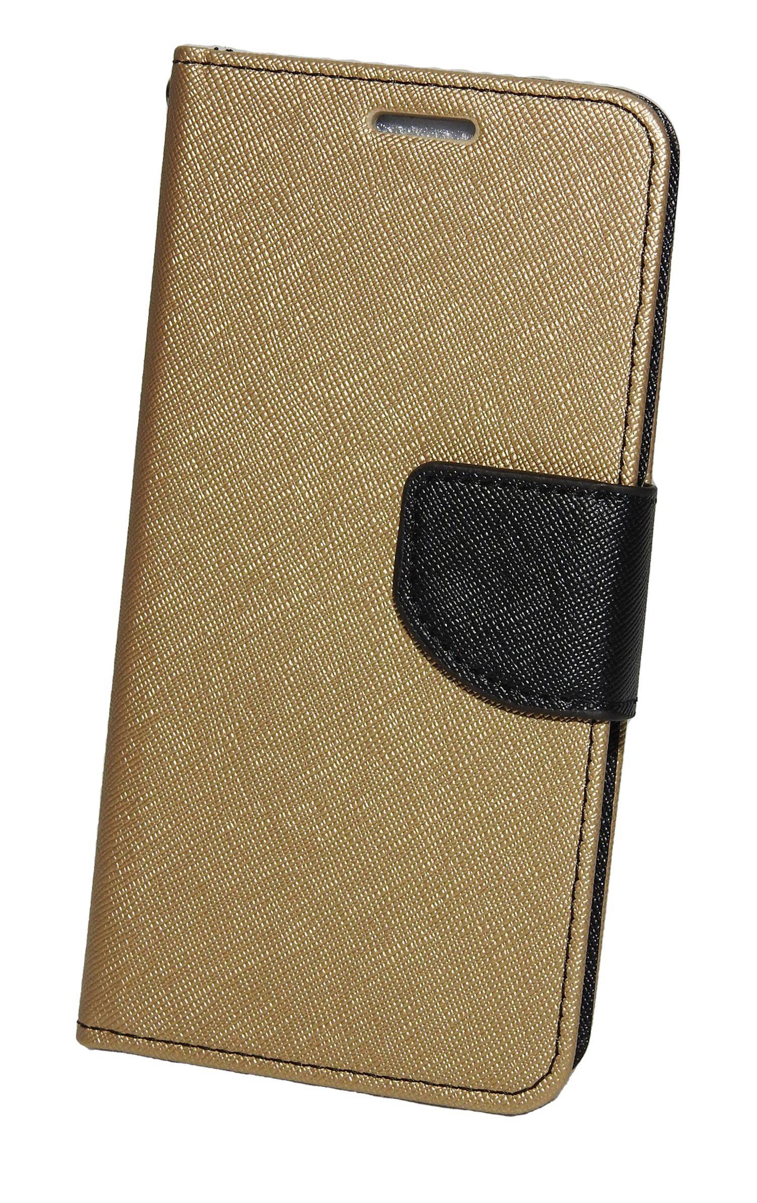 Buch Tasche "Fancy" für iPhone 14 Pro Handy Hülle Brieftasche Schutzhülle mit Standfunktion, Kartenfach Gold-Schwarz
