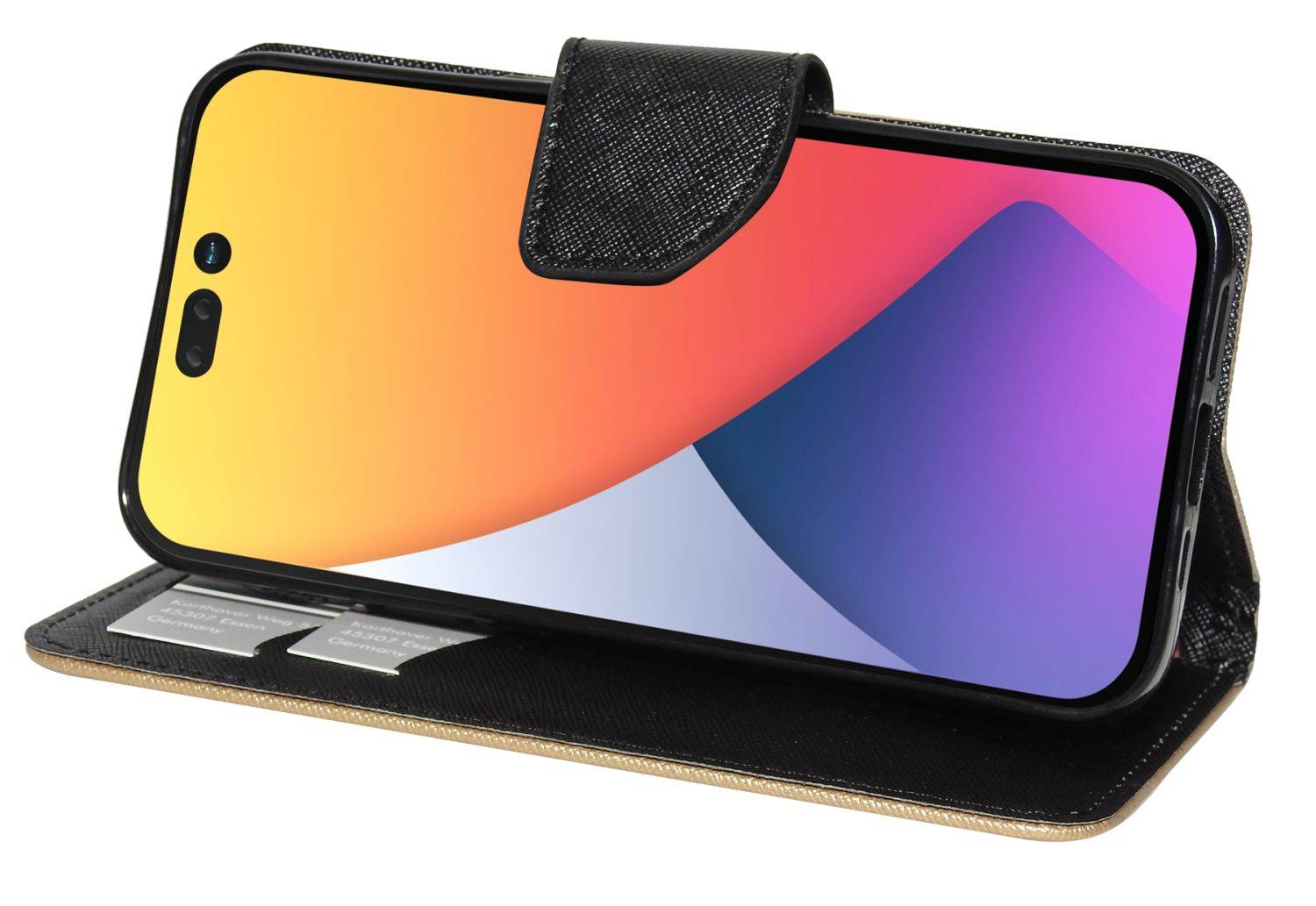 Buch Tasche "Fancy" für iPhone 14 Pro Handy Hülle Brieftasche Schutzhülle mit Standfunktion, Kartenfach Gold-Schwarz