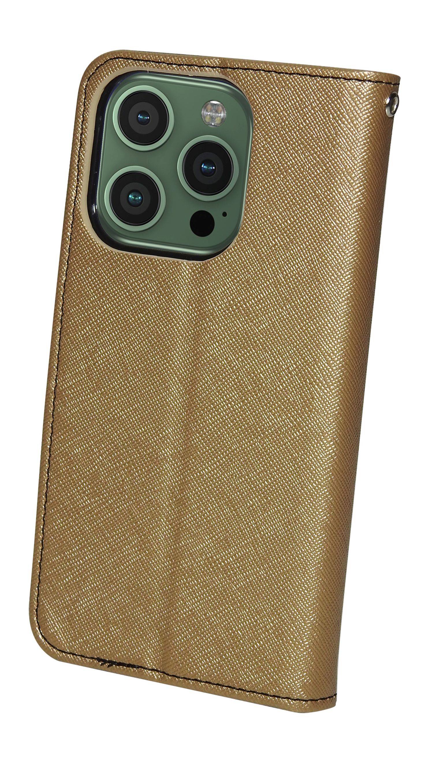 Buch Tasche "Fancy" für iPhone 14 Pro Handy Hülle Brieftasche Schutzhülle mit Standfunktion, Kartenfach Gold-Schwarz
