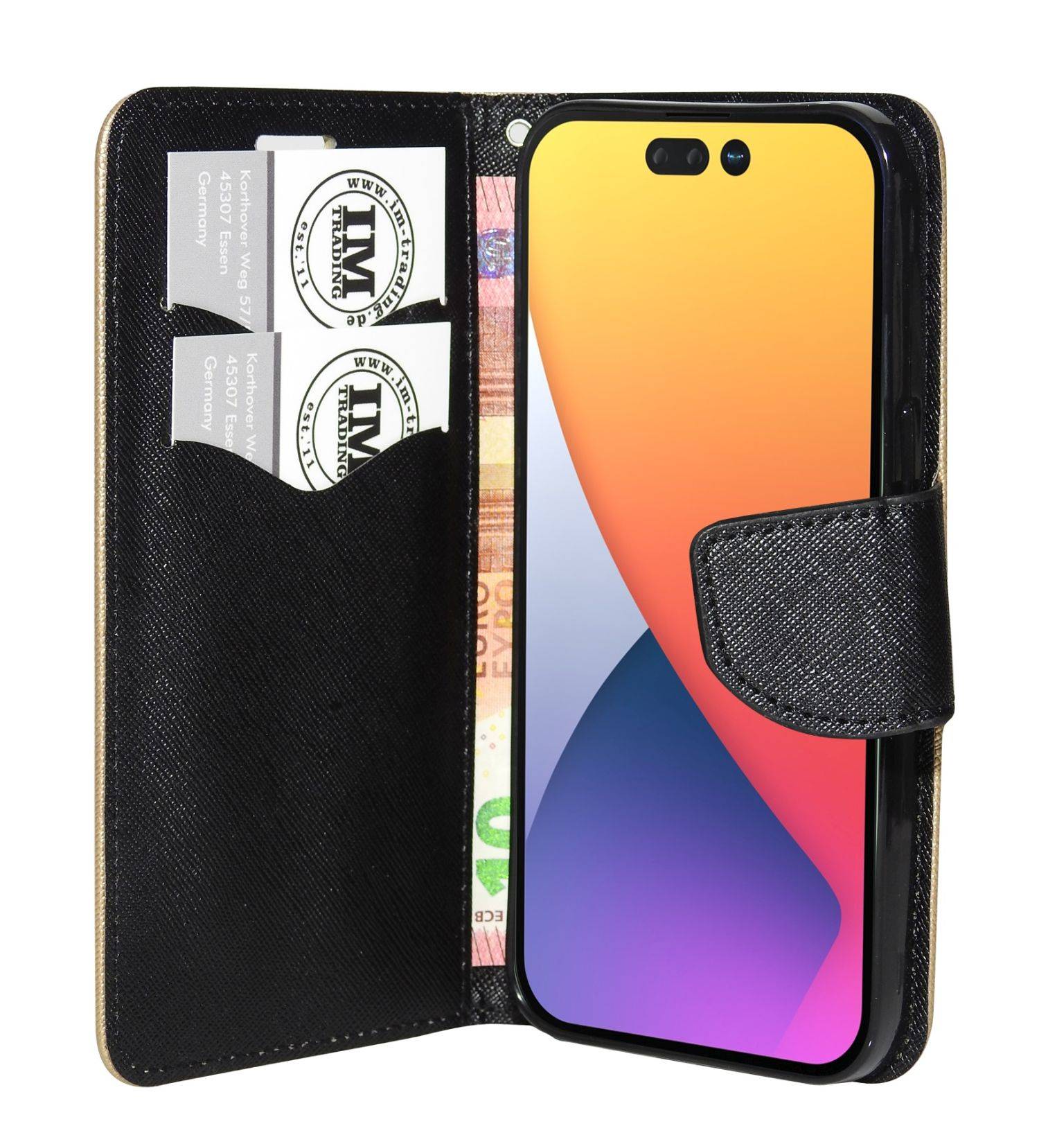 Buch Tasche "Fancy" für iPhone 14 Pro Handy Hülle Brieftasche Schutzhülle mit Standfunktion, Kartenfach Gold-Schwarz