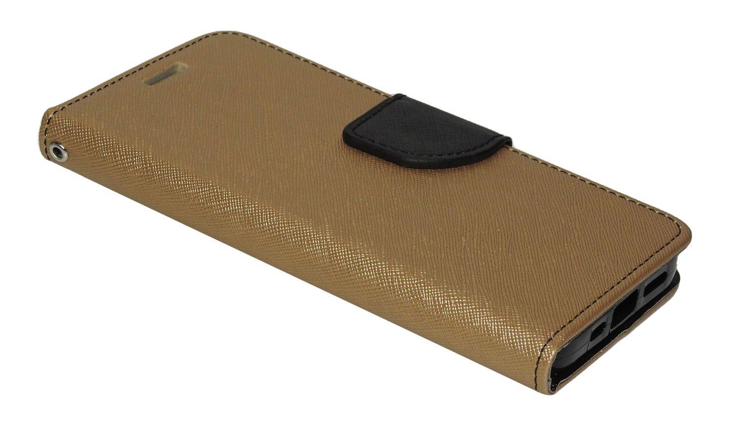Buch Tasche "Fancy" für iPhone 14 Pro Handy Hülle Brieftasche Schutzhülle mit Standfunktion, Kartenfach Gold-Schwarz