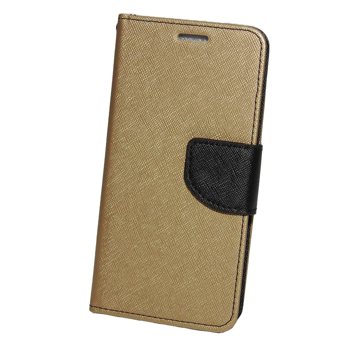 Buch Tasche "Fancy" kompatibel mit iPhone 14 Plus Handy Hülle Brieftasche mit Standfunktion, Kartenfach Gold-Schwarz