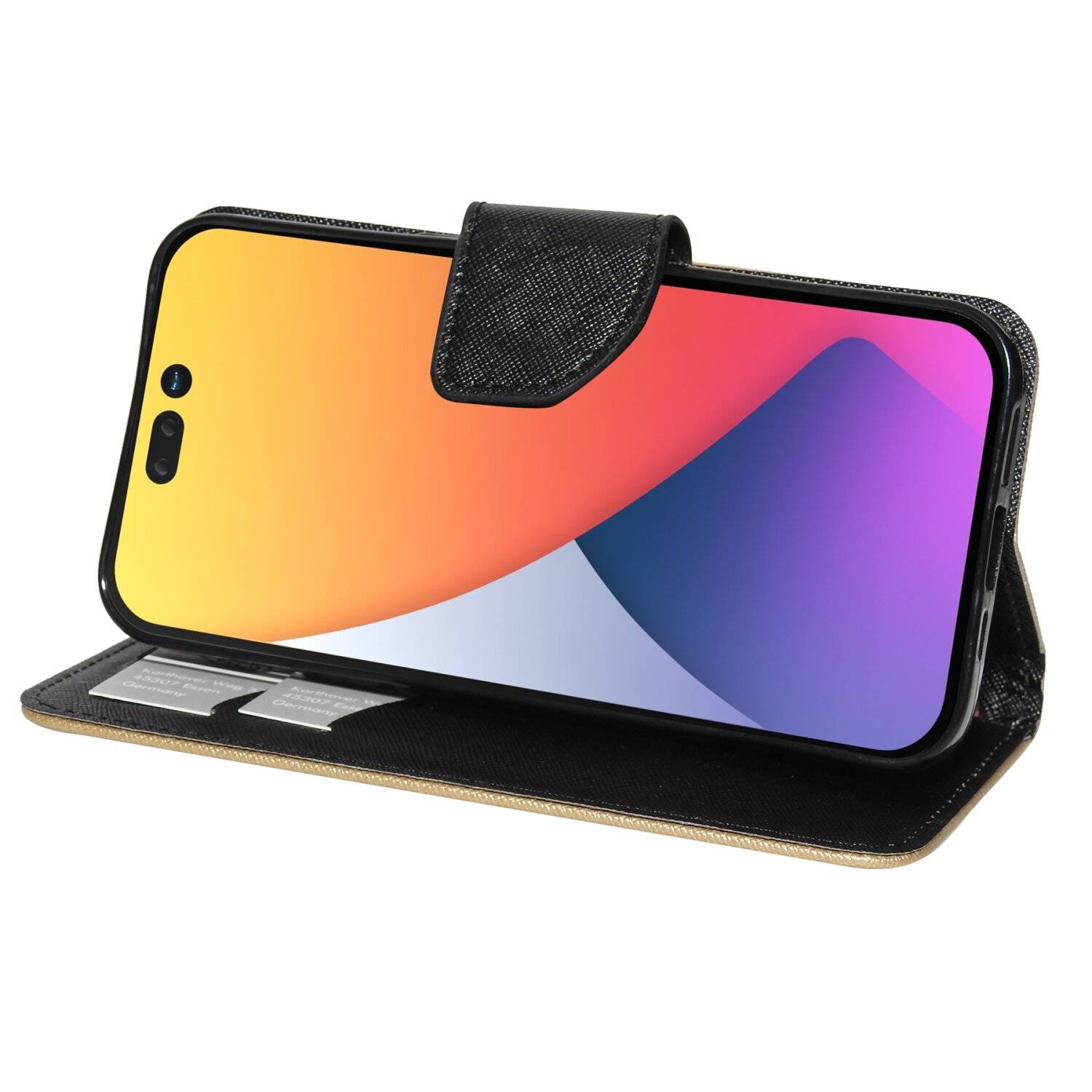 Buch Tasche "Fancy" kompatibel mit iPhone 14 Plus Handy Hülle Brieftasche mit Standfunktion, Kartenfach Gold-Schwarz
